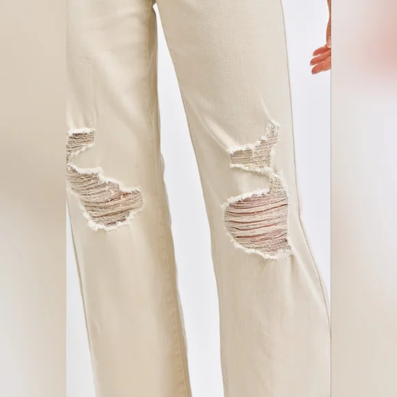 High Rise Mom Jeans Distressed Torn Knee Wide Leg Cream Denim Pants Judy Blue - Picture 9 of 14